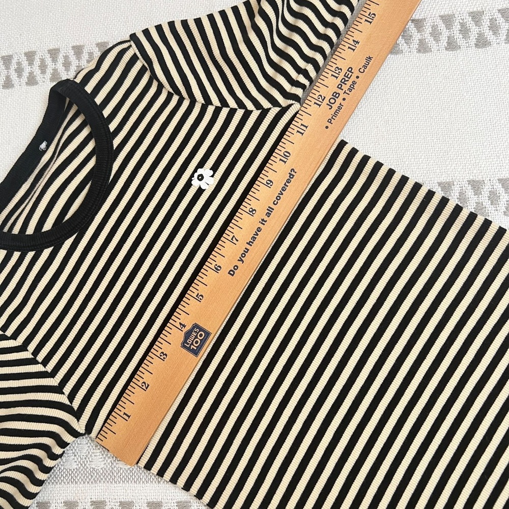 Marimekko Kioski Black Cream Striped Long Sleeve Shirt Top Flower Logo Girl's - Picture 5 of 5